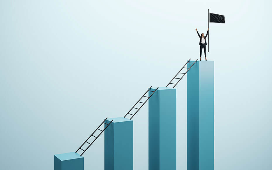 A woman climbs four pillars to success.