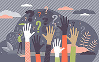 An illustration of raised hands and question marks.
