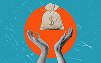 Open hands catching a bag of money.